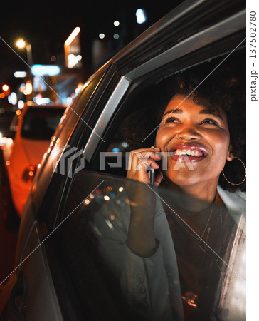 Black woman, phone call and travel at night in city taxi for communication, conversation or networking. Happy African female person smile, talking or late evening on mobile smartphone in discussion Black woman, phone call and travel at night in city taxi for communication, conversation or networking. Happy African female person smile, talking or late evening on mobile smartphone in discussion 137502780