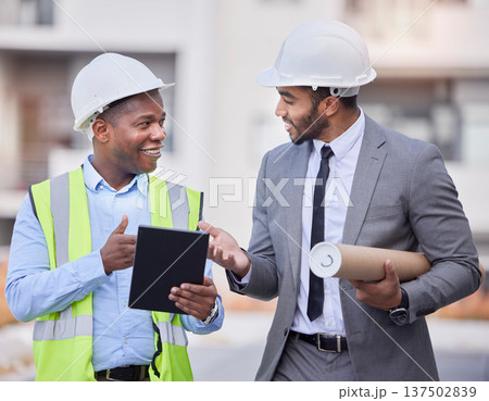 Happy people, architect and tablet in city, planning or construction team in strategy on rooftop at site. Men, engineer or contractor on technology in teamwork, project or architecture plan in town Happy people, architect and tablet in city, planning or construction team in strategy on rooftop at site. Men, engineer or contractor on technology in teamwork, project or architecture plan in town 137502839