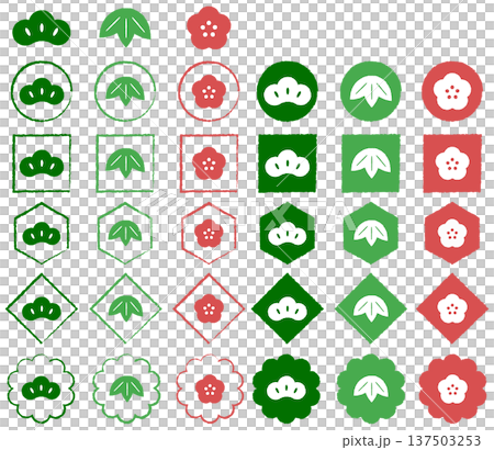 松竹梅　緑、黄緑、赤　シンプルアイコン 137503253