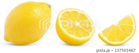 Collection of lemons isolated. Whole lemon, half of lemon fruit and cut in a slice isolated. 137503467