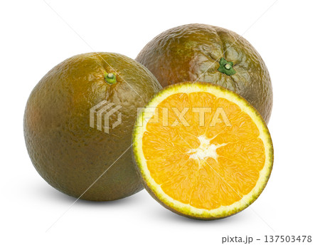 Fresh sliced chocolate navel orange on white. Bronze or brown orange fruit and half of chocolate orange isolated. Fresh sliced chocolate navel orange on white. Bronze or brown orange fruit and half of chocolate orange isolated. 137503478
