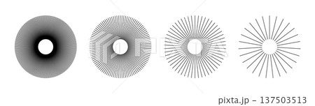 Ray burst, beams set. Collection of sunburst element, radial stripes. Sun star rays. Radial radiation circle lines. Circular radial lines. Spokes with radiating stripes grid. Abstract outline graphic Ray burst, beams set. Collection of sunburst element, radial stripes. Sun star rays. Radial radiation circle lines. Circular radial lines. Spokes with radiating stripes grid. Abstract outline graphic 137503513