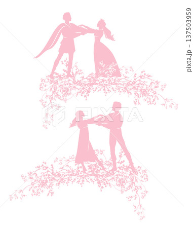 fairy tale prince and princess couple dancing happily on spring flower branches vector silhouette 137503959