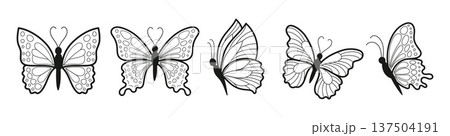 Butterfly Line Art Elements Set. Hand-Drawn Minimal Outline Butterflies, Decorative Designs in a vector illustration 137504191
