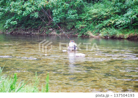 鮎釣りをする男性 鮎釣りをする男性 137504193
