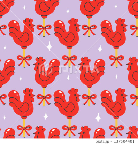Seamless pattern with red lollipop cockerels. Vector graphics. 137504401