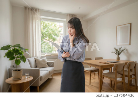 タブレットを見て考える女性 タブレットを見て考える女性 137504436