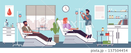 Blood transfusion station. Donor room, hospital office, medical staff, volunteers helping, blood bank, healthcare procedure in laboratory clinic, nowaday vector cartoon isolated concept Blood transfusion station. Donor room, hospital office, medical staff, volunteers helping, blood bank, healthcare procedure in laboratory clinic, nowaday vector cartoon isolated concept 137504454
