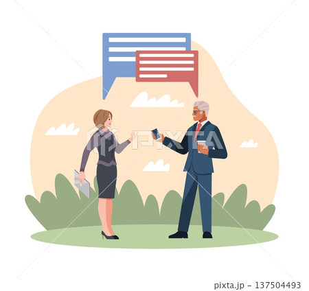 Oral communication. Conversation of colleagues, discussion of work tasks, report to boss, business people with chat bubbles, discussion and messaging scene. Vector cartoon isolated concept Oral communication. Conversation of colleagues, discussion of work tasks, report to boss, business people with chat bubbles, discussion and messaging scene. Vector cartoon isolated concept 137504493