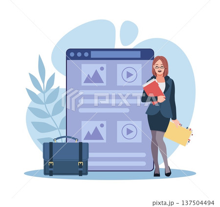 Personal account. Sending applicant resume, portfolio corporate demonstration, job search, digital content management, female employee organizing records, vector cartoon isolated concept Personal account. Sending applicant resume, portfolio corporate demonstration, job search, digital content management, female employee organizing records, vector cartoon isolated concept 137504494