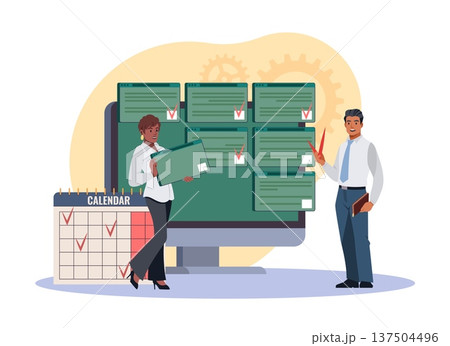 Planning and scheduling. Setting goals on dashboard, completing tasks on time, deadlines, work process, calendar with checklists, agenda status tracking, vector cartoon isolated concept Planning and scheduling. Setting goals on dashboard, completing tasks on time, deadlines, work process, calendar with checklists, agenda status tracking, vector cartoon isolated concept 137504496