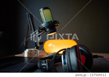 Microphone, headphones and laptop on desk in home recording studio Microphone, headphones and laptop on desk in home recording studio 137504511