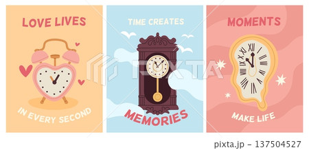 Vintage clocks cards. Retro mechanical watches, roman numerals on dial, wooden carved wall clock case with pendulum, modern retro graphic posters or print garish vector cartoon isolated set Vintage clocks cards. Retro mechanical watches, roman numerals on dial, wooden carved wall clock case with pendulum, modern retro graphic posters or print garish vector cartoon isolated set 137504527
