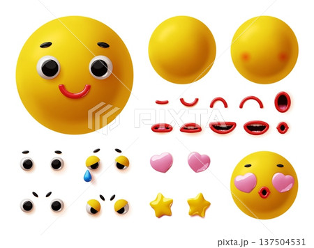 3d cartoon emotions constructor. Funny yellow smiling mascot, cute character kit creation, face parts for different expressions, render glossy design elements classy vector isolated set 137504531