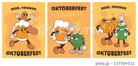 Beer mascots cards. Oktoberfest groovy retro characters, cartoon funny drink mug, smiling hop cone, brezel and bavarian sausage, posters or print design, festive mascot garish vector set 137504532
