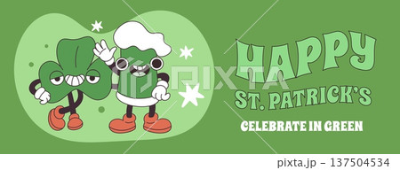 Beer mascots st patrick. Groovy green drink mug, lucky clover, funny smiling faces, cartoon holiday Irish characters, holiday celebration horizontal banner design, garish vector concept Beer mascots st patrick. Groovy green drink mug, lucky clover, funny smiling faces, cartoon holiday Irish characters, holiday celebration horizontal banner design, garish vector concept 137504534