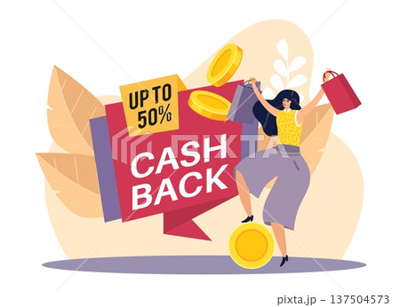 Cash back. Happy woman rejoices at return of percentage for purchase of goods, promotion banner, customer with shopping bags, discount label, rewards program vector cartoon isolated concept Cash back. Happy woman rejoices at return of percentage for purchase of goods, promotion banner, customer with shopping bags, discount label, rewards program vector cartoon isolated concept 137504573