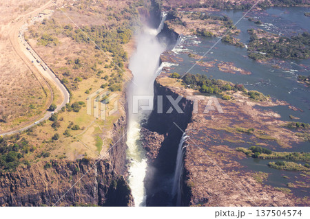 Victoria Falls aerial: Zambezi River, gorge, landscape. Victoria Falls aerial: Zambezi River, gorge, landscape. 137504574