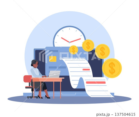 Making payment. Paying from account balance, accountant keeps records of income, finance operations, worker at laptop reviews credit card bill, money management vector cartoon flat concept 137504615