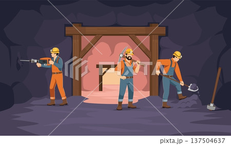 Miners are working. People in overalls drill into cave walls, mining of ore, gold, coa, minerals, underground workers, industrial excavation, labor teamwork tidy vector isolated concept 137504637