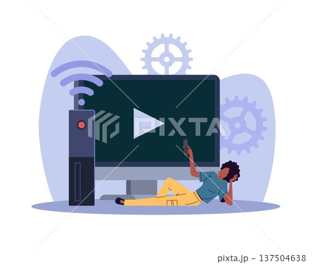 Multimedia Remote control. Entertainment technology, internet bluetooth tv, wireless router, digital streaming and connected media service, person resting at home vector cartoon f concept Multimedia Remote control. Entertainment technology, internet bluetooth tv, wireless router, digital streaming and connected media service, person resting at home vector cartoon f concept 137504638
