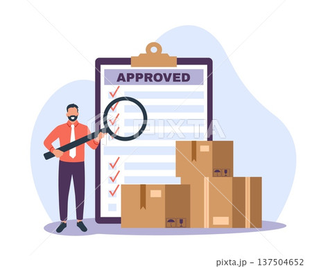 Product quality control. Safety standard check, ticked list, male worker inspects approved document with magnifier, logistics verification, distribution vector cartoon isolated concept 137504652