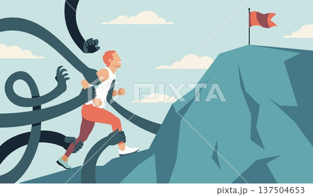 Psychological scene with hands and man. Male runner runs to mountain top, overcoming obstacles, limitations, dealing, goal achievement in business tidy vector cartoon flat isolated concept Psychological scene with hands and man. Male runner runs to mountain top, overcoming obstacles, limitations, dealing, goal achievement in business tidy vector cartoon flat isolated concept 137504653