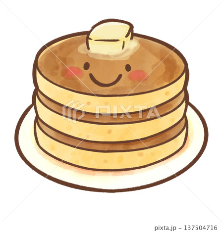 幸せそうなホットケーキのキャラ。水彩・背景透過。おやつ、カフェ、絵本風の素材に。 137504716