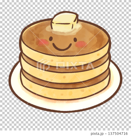 幸せそうなホットケーキのキャラ。水彩・背景透過。おやつ、カフェ、絵本風の素材に。 137504716