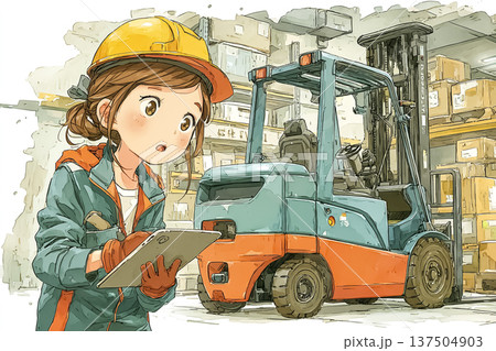 自動運転EVフォークリフトを監視する女性管理者｜物流管理の作業シーン 137504903