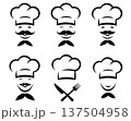 Smiling cooking chef with mustache, food icons set with utensil, fork and knife 137504958