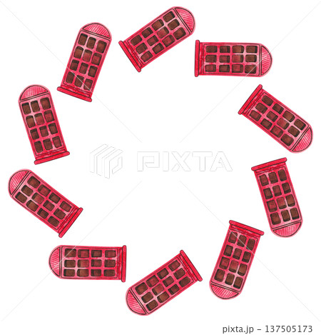 Round frame with a red telephone booth. Hand drawn watercolor illustration of an English telephone. 137505173