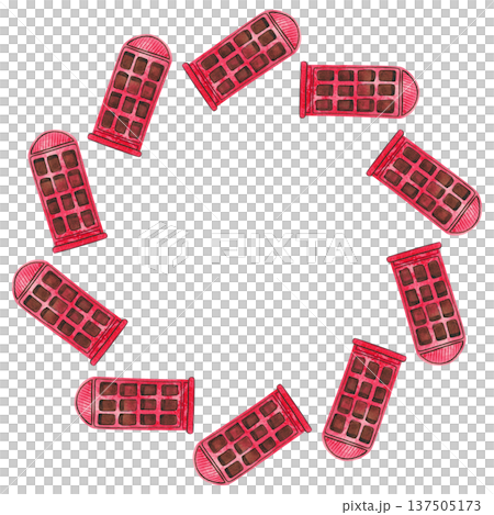 Round frame with a red telephone booth. Hand drawn watercolor illustration of an English telephone. 137505173