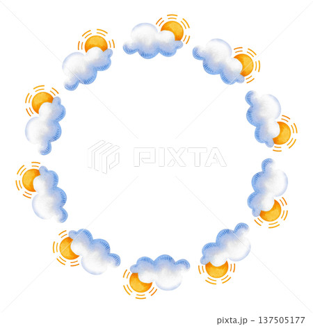 Round frame with clouds and sun. Hand-drawn watercolor illustration. 137505177
