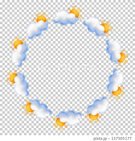 Round frame with clouds and sun. Hand-drawn watercolor illustration. 137505177