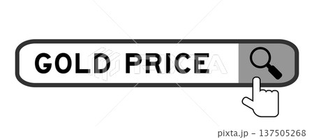 Search banner in word gold price with hand over magnifier icon on white background Search banner in word gold price with hand over magnifier icon on white background 137505268