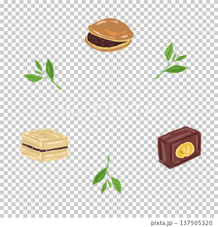 Circular wreath materials made of baked sweets (monaka and yokan) and tea leaves Circular wreath materials made of baked sweets (monaka and yokan) and tea leaves 137505320