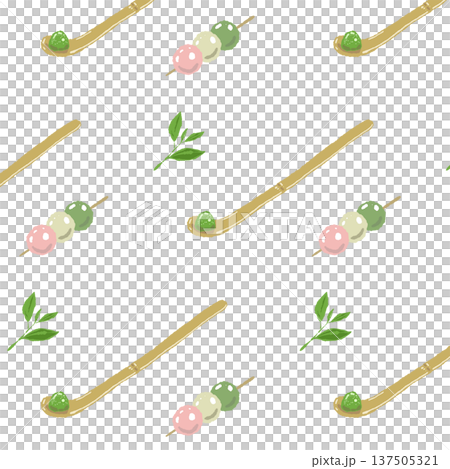 Japanese-style pattern with tea scoops and three-colored dumplings arranged diagonally Japanese-style pattern with tea scoops and three-colored dumplings arranged diagonally 137505321