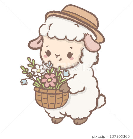 Kawaii lamb holding flower basket cute cottagecore sheep spring garden illustration cozy farm animal nursery art clipart for floral stickers planners and cottage themes 137505360
