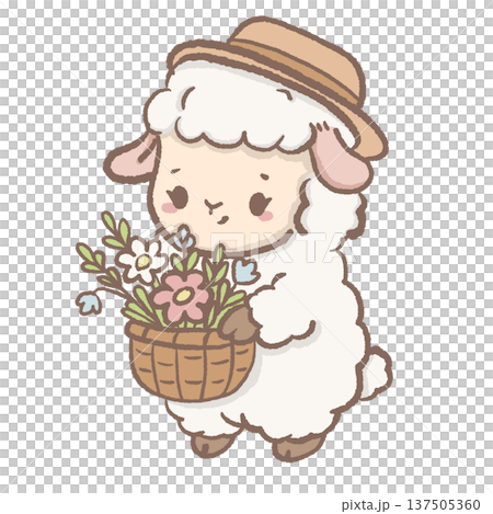 Kawaii lamb holding flower basket cute cottagecore sheep spring garden illustration cozy farm animal nursery art clipart for floral stickers planners and cottage themes 137505360