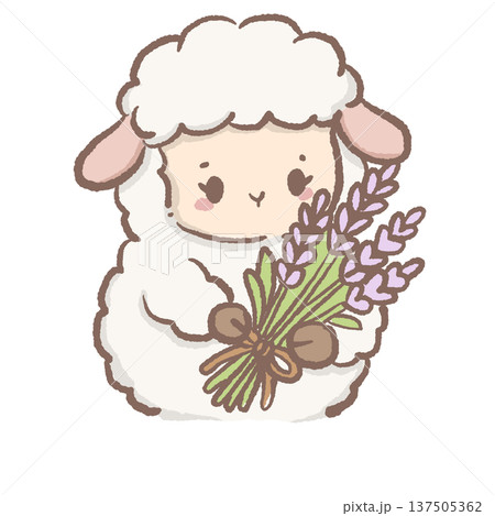 Kawaii lamb holding lavender bouquet cottagecore sheep illustration cute farm animal floral aesthetic clipart for nursery art stickers planners and botanical themes 137505362