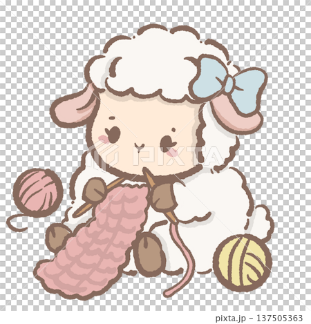 Kawaii lamb knitting with yarn cozy cottagecore sheep illustration cute farm animal craft aesthetic clipart for nursery art stickers planners and cozy hobby themes 137505363