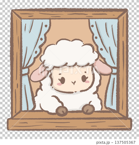 Kawaii lamb sitting at window cute cottagecore sheep home illustration cozy farm animal character for nursery decor stickers planners and storybook themed designs 137505367