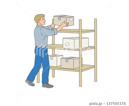 Warehouse employee placing cardboard boxes on storage shelf Warehouse employee placing cardboard boxes on storage shelf 137505378