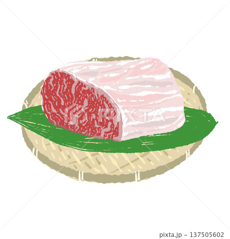 和牛ブロック肉と丸い竹ザルの盛り付けイラスト 和牛ブロック肉と丸い竹ザルの盛り付けイラスト 137505602