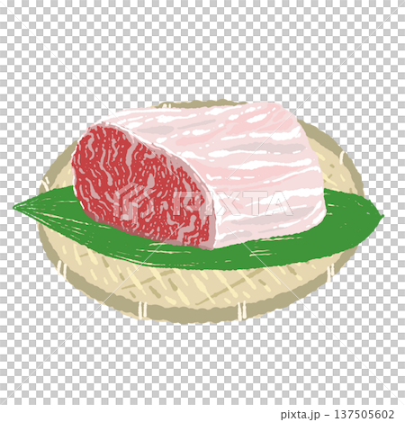 Illustration of Wagyu beef block meat and a round bamboo colander 137505602