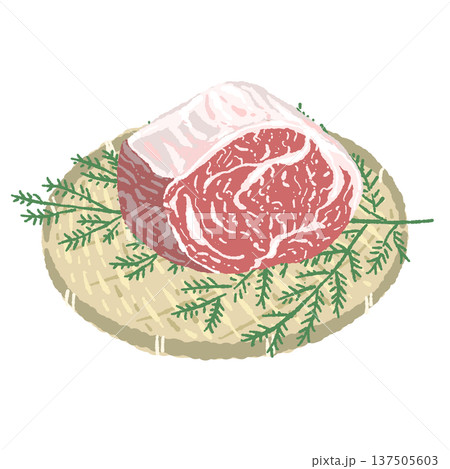 厚切り和牛ステーキと丸い竹ザルの盛り付けイラスト 137505603