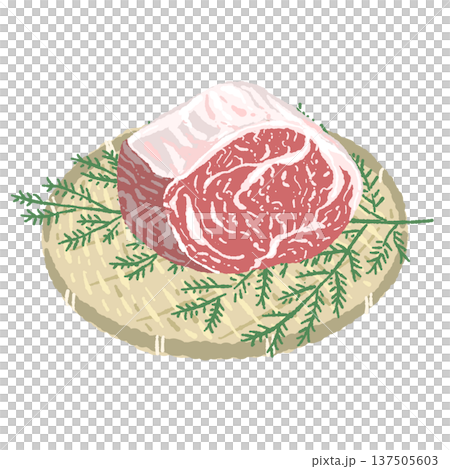 厚切り和牛ステーキと丸い竹ザルの盛り付けイラスト 137505603