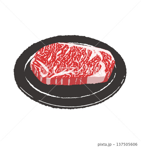 和牛ステーキと黒い丸皿の盛り付けイラスト 和牛ステーキと黒い丸皿の盛り付けイラスト 137505606