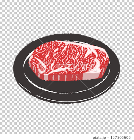 和牛ステーキと黒い丸皿の盛り付けイラスト 和牛ステーキと黒い丸皿の盛り付けイラスト 137505606